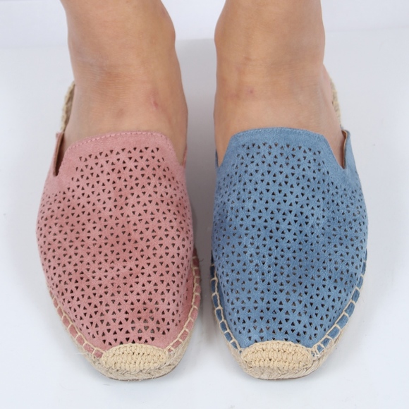 Blue Perforated Crochet  Slip On Flat Sandal - Picture 5 of 6